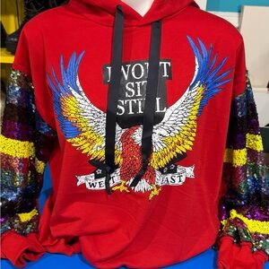 Red Hoodie with Eagle Graphic and Sequin Sleeves Akira